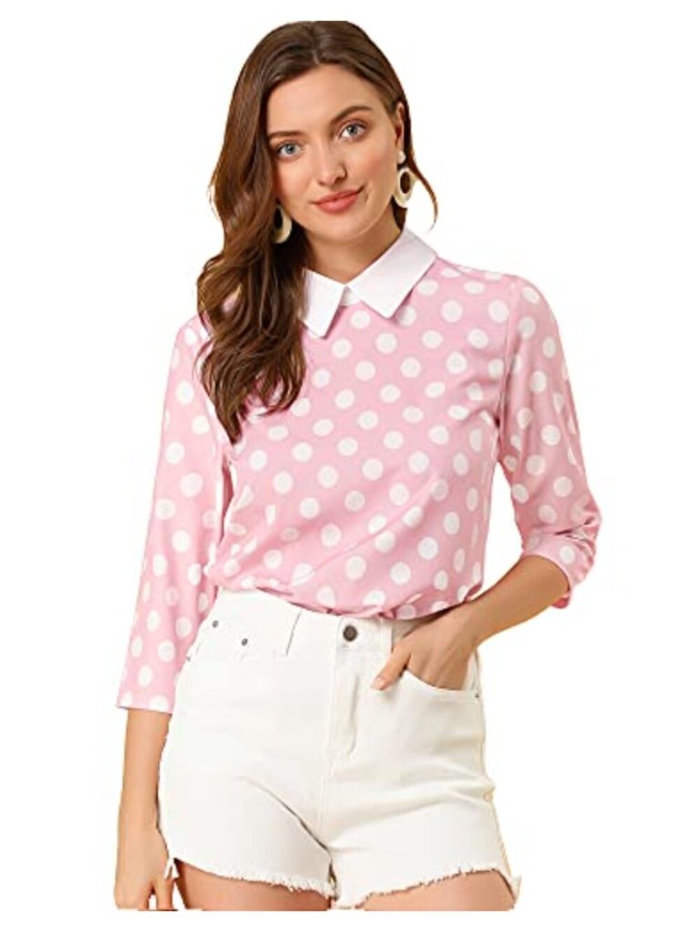 Peter Pan Collar Polka Dot Blouse 3/4 Sleeve Keyhole Back